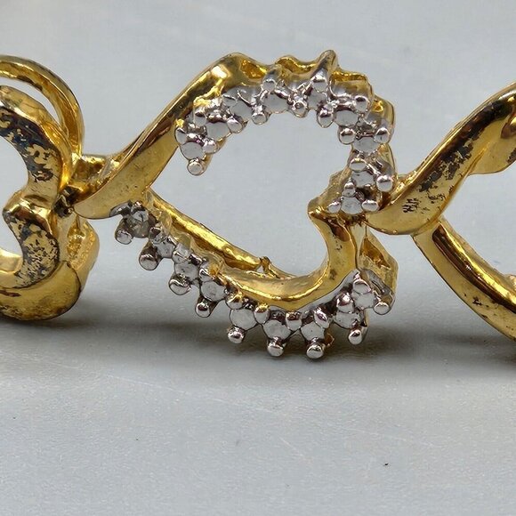 Gold Plated Sterling Silver Heart Link Chain Bracelet 925 Clear Stones 7" Long - Picture 2 of 9